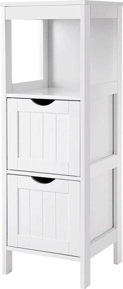 Staand Houten Badkamerkastje Met 2 Te Benutten Schuiflades - Vrijstaand Kastje Voor Badkamer Met Twee Lades - 30x30x89cm - Wit -Badkamerartikelen Winkel 511x1200