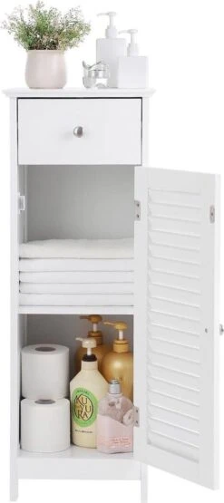 Songmics Badkamermeubel, Badkamermeubel, Zijkast, Nachtkastje Met Lade En Lamellaire Deur, Badkamer, Gang, Slaapkamer, 32 X 87 X 30 Cm, Wit BBC43WT 11 Songmics Badkamermeubel, Badkamermeubel, Zijkast, Nachtkastje Met Lade En Lamellaire Deur, Badkamer, Gang, Slaapkamer, 32 X 87 X 30 Cm, Wit BBC43WT -Badkamerartikelen Winkel 534x1200