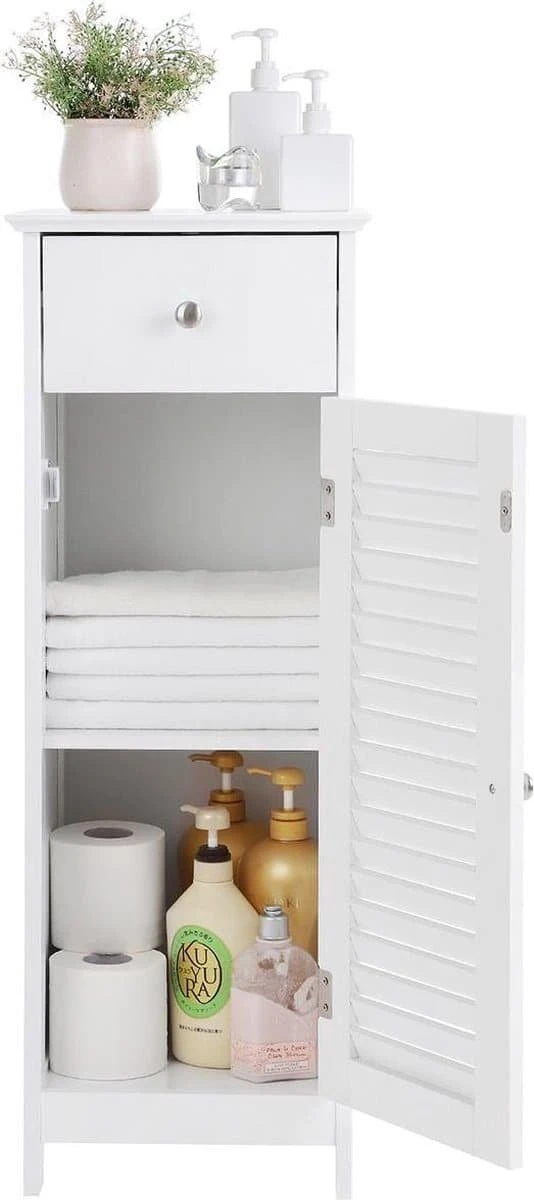 Songmics Badkamermeubel, Badkamermeubel, Zijkast, Nachtkastje Met Lade En Lamellaire Deur, Badkamer, Gang, Slaapkamer, 32 X 87 X 30 Cm, Wit BBC43WT 6 Songmics Badkamermeubel, Badkamermeubel, Zijkast, Nachtkastje Met Lade En Lamellaire Deur, Badkamer, Gang, Slaapkamer, 32 X 87 X 30 Cm, Wit BBC43WT - Afbeelding 6