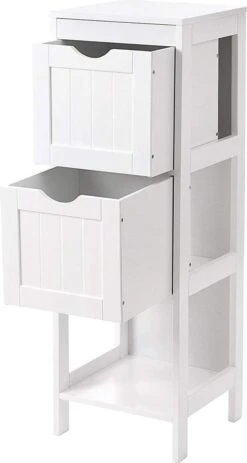 Staand Houten Badkamerkastje Met 2 Te Benutten Schuiflades - Vrijstaand Kastje Voor Badkamer Met Twee Lades - 30x30x89cm - Wit -Badkamerartikelen Winkel 640x1200 2