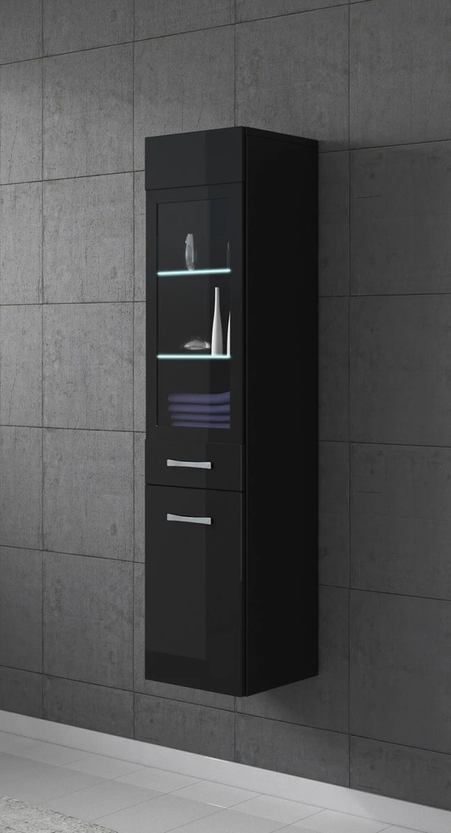 Badplaats Badkamerkast Rio 30 X 30 X 131 Cm - Zwart Hoogglans - Hangende Kolomkast Met 2 Deuren 3 Badplaats Badkamerkast Rio 30 X 30 X 131 Cm - Zwart Hoogglans - Hangende Kolomkast Met 2 Deuren - Afbeelding 3