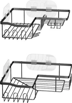 STRICX Doucherekhoek 2 Laags Zwart - Zonder Boren - Zelfklevend Doucherek - Doucherek - Doucherek Voor Badkamer/ Keuken - Doucherek Met Plakstrip - Keukenrek Met Plakstrip - Badrek Douche – Doucherek Hoekvorm - Badkamerrek Douchemandje -Badkamerartikelen Winkel 839x1200