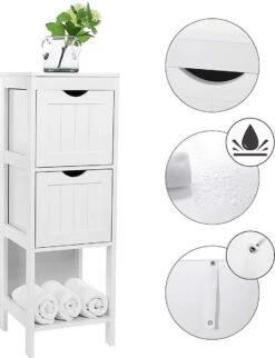 Staand Houten Badkamerkastje Met 2 Te Benutten Schuiflades - Vrijstaand Kastje Voor Badkamer Met Twee Lades - 30x30x89cm - Wit -Badkamerartikelen Winkel 921x1200