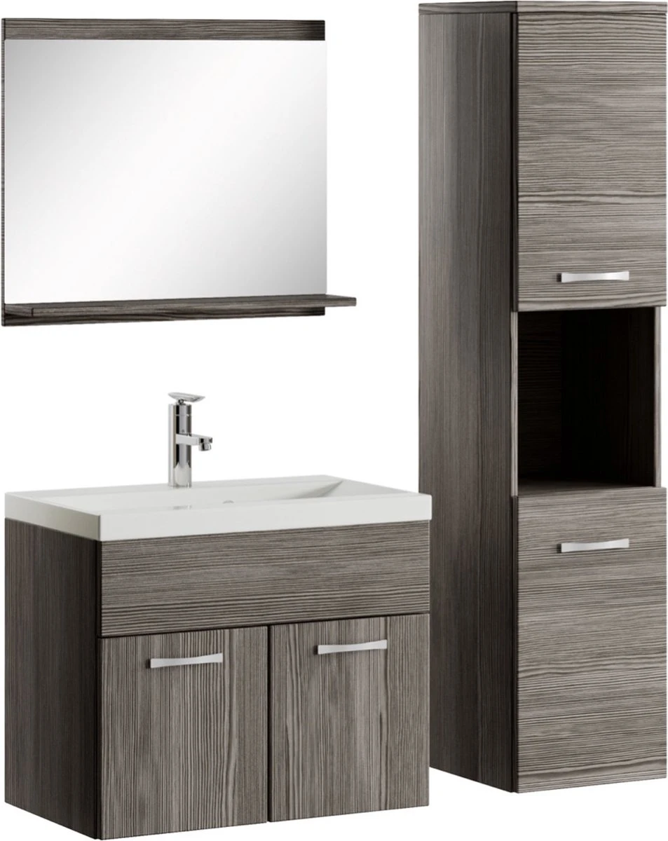 Badplaats Badkamermeubel Set Montreal 60 Cm X 35 Cm - Grijs Eiken - Badmeubel Met Spiegel En Zijkast